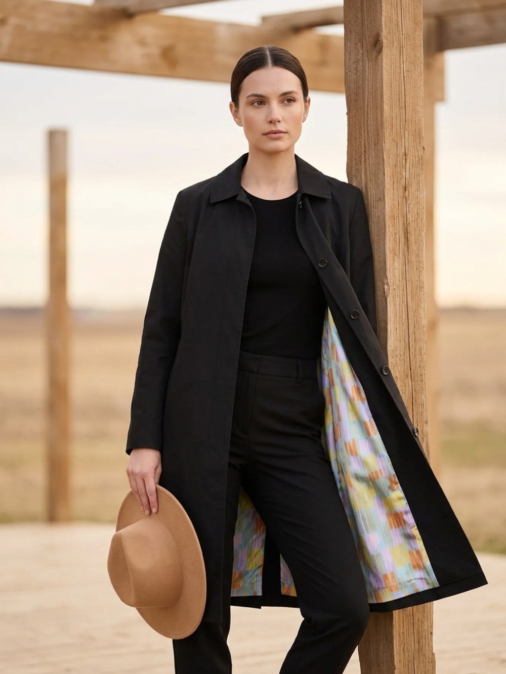 Jones New York Black Women's Trench Coat with Multi-Color Lining